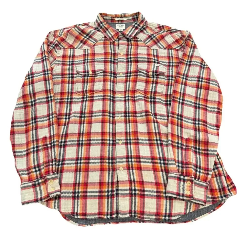 Lucky Brand Mens XXL Plaid Flannel Shirt Orange/Red/Black Button Front